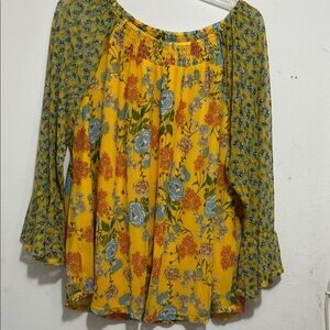 Ava & Grace Yellow Floral Blouse with Blue and Orange Accents